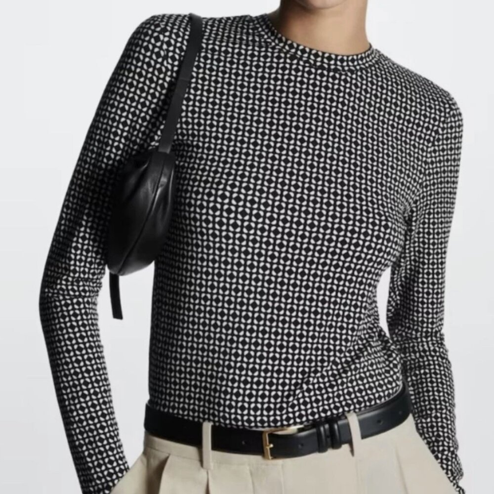 COS black oatmeal geometric long sleeve top M womens lyocell